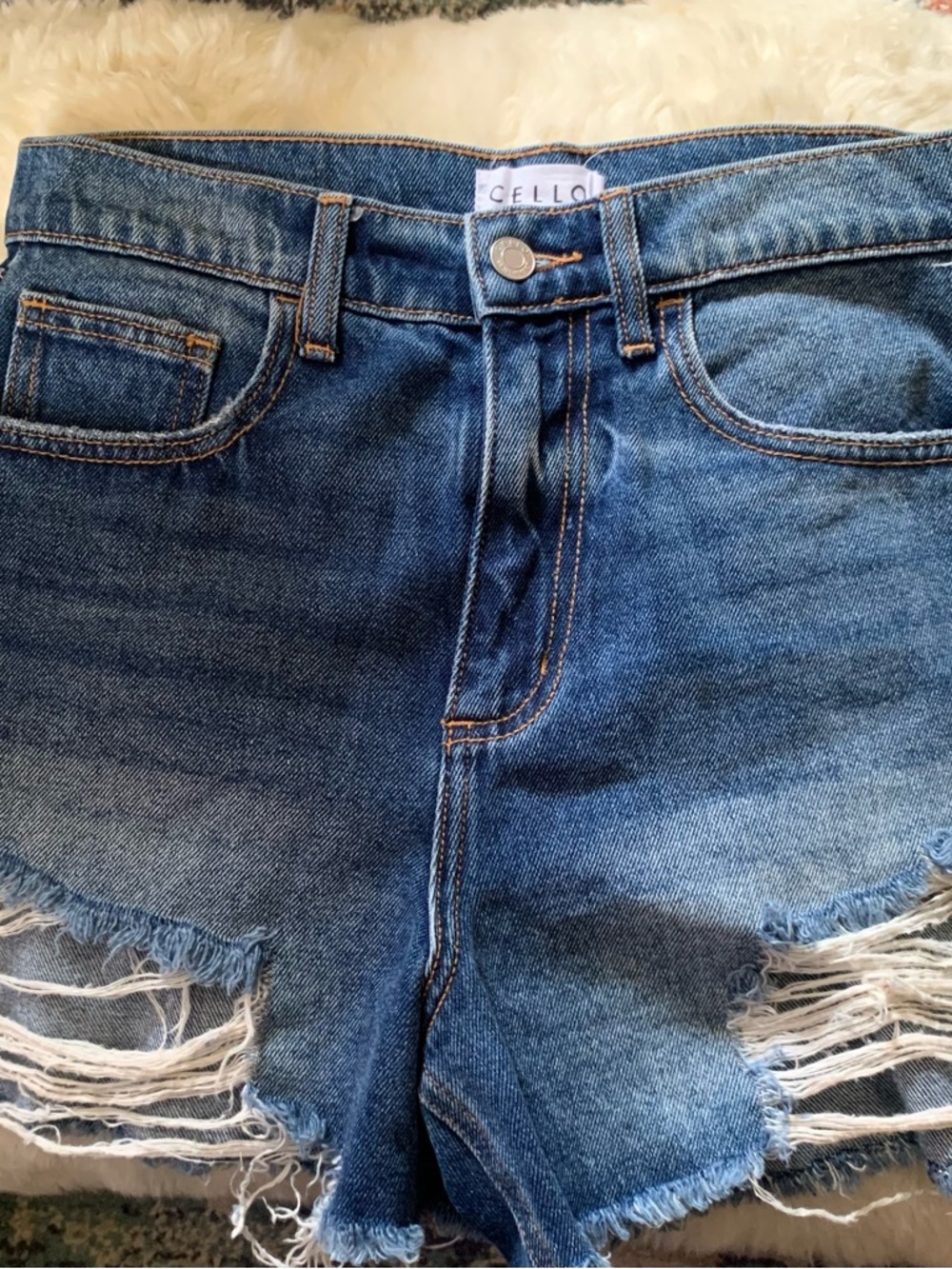 Cello Medium Blue Distressed High-Rise Denim Shorts